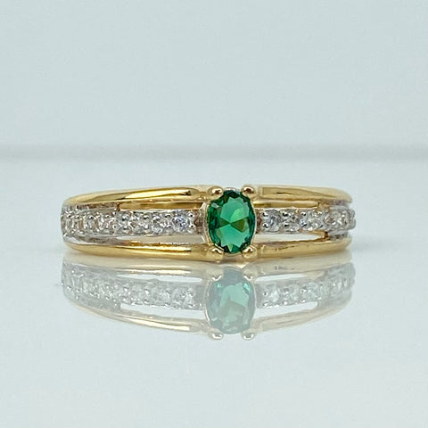 Anillo Solitario Circones Blancos Verdes Oro amarillo y Oro blanco 18k / Talla 6 1/2 / 2,5 Gr *