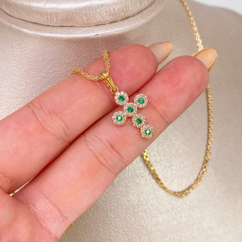 Set Cadena ● China + Dije Cruz Circones Blancos Verdes Oro amarillo 18k 3,65 Gr / 1,7 mm / 50 Cm