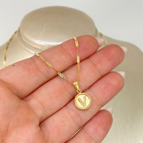 Set Cadena ● Flor Espejo + Dije Letra V Oro amarillo 18k 2,1 Gr / 1,7 mm / 45 Cm †
