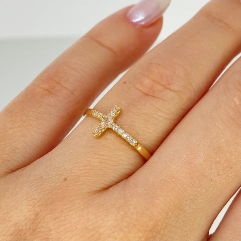 Anillo Cruz Circones Blancos Oro amarillo 18k / Talla 6 1/4 / 1,28 Gr *