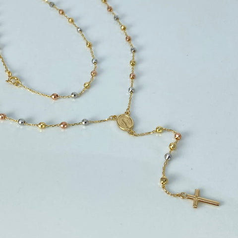 Rosario ● Virgen Milagrosa Bolas Diamantadas Discoteca Tres oros 18k +3 / 7,6 Gr / 3 mm / 60 Cm *