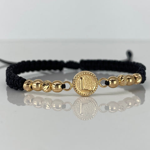 Pulsera tejida Herraje Letra L / BL 4uni BD 4uni 4mm / Hilo Negro Oro amarillo 18k 1,1 Gr *