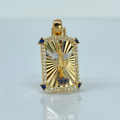 Dije San Miguel Arcangel Circones Blancos Azules Oro amarillo y Oro blanco 3,6 Gr / 3 Cm †