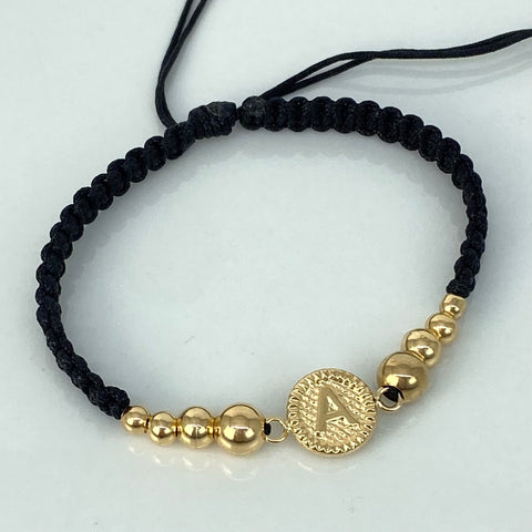 Pulsera tejida Herraje Letra V / BL 6/5/4/3mm / Hilo Negro Oro amarillo 18k 1,43 Gr *
