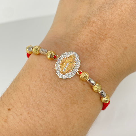 Pulsera tejida Herraje Virgen Del Carmen Circones / Cilindros BD 5mm 6uni / Hilo Rojo Tres oros 18k 2,52 Gr *
