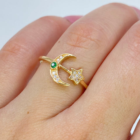 Anillo Luna Estrella Circones Blancos Verde Oro amarillo 18k / Talla 7 1/2 / 1,76 Gr †