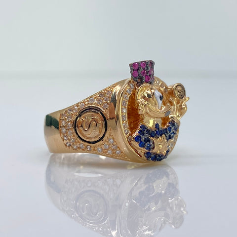 Anillo Pato Caricatura Circones Blancos Azules Y Fucsias Oro amarillo 18k / Talla 11 3/4 / 8,35 Gr *