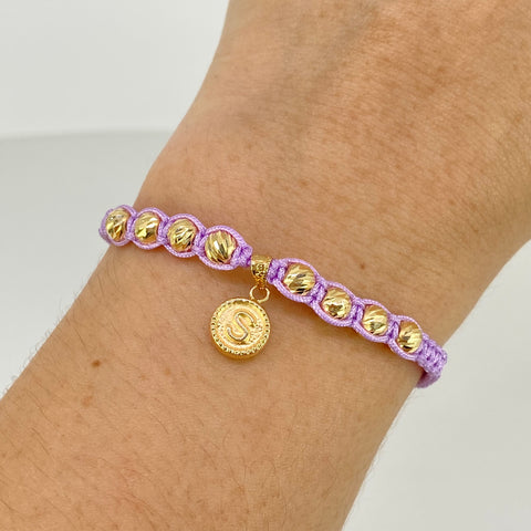 Pulsera tejida Dije Letra S / BD 8uni 5mm / Hilo Lila Oro amarillo 18k 1,3 Gr *