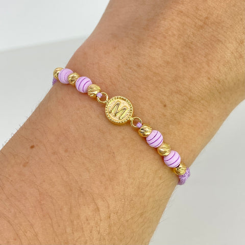 Pulsera tejida Herrale Letra M / 6uni 4mm / Hilo Lila Neopreonos Oro amarillo 18k 0,92 Gr *