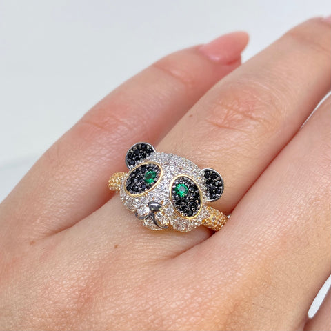 Anillo Oso Circones Blancos Negros Verdes Oro amarillo y Oro blanco 18k / Talla 7 1/4 / 4,15 Gr *