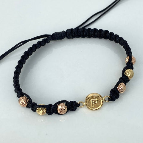 Pulsera tejida Herraje Letra P / BD 6uni 5mm / Hilo Negro Oro amarillo y Oro rosa 18k 0,97 Gr *