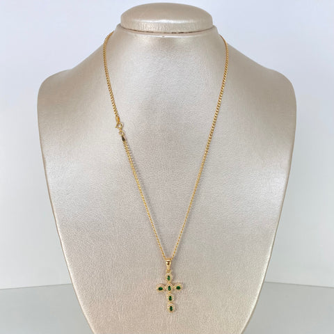 Set Cadena ● Cubana + Dije Cruz Circones Blancos Verdes Oro amarillo 18k 3,62 Gr / 2 mm / 45 Cm