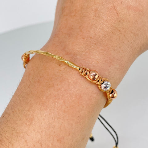 Pulsera tejida Herraje Entorchado / BD 4uni 5/4mm / BL 4uni 5mm / Hilo Beige Tres oros 1,14 Gr *