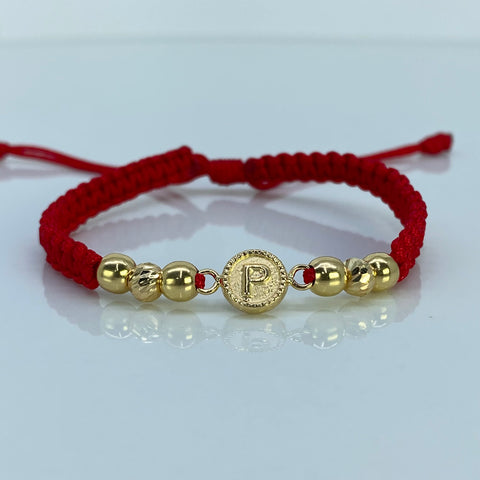 Pulsera tejida Herraje letra P / BL 5mm 4uni / BD 5mm 2uni / Hilo Rojo Oro amarillo 18k 1,27 Gr *