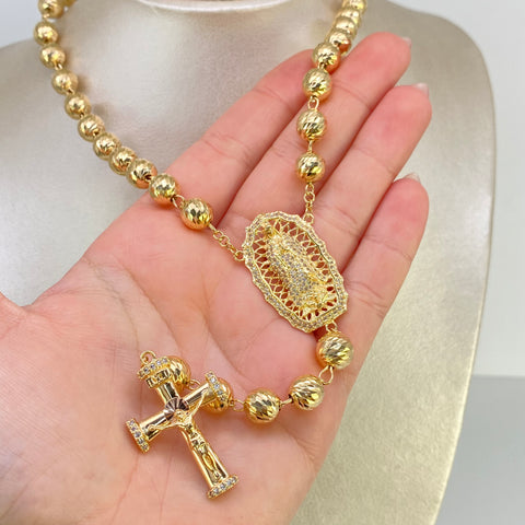 Rosario Virgen Guadalupe Cruz Cristo Balines Diamantados Oro amarillo y Oro rosa 18k 42,24 Gr / 8 mm / 65 Cm *