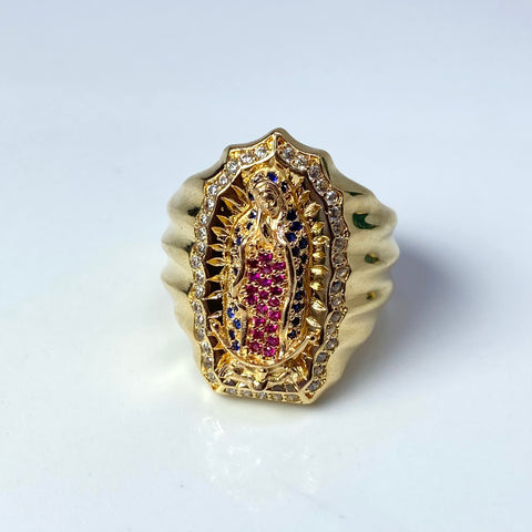 Anillo Contorno Virgen Guadalupe Circones Blancos Fucsias Y Azules Oro amarillo 18k / Talla 9 / 12,24 Gr  †