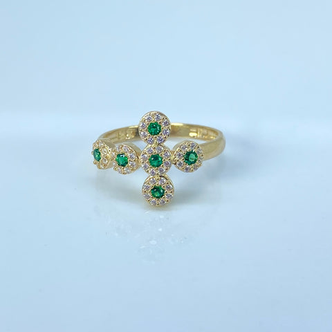 Anillo Cruz Circones Blancos y Verdes Oro amarillo 18k / Talla 6 1/2 / 2,39 Gr