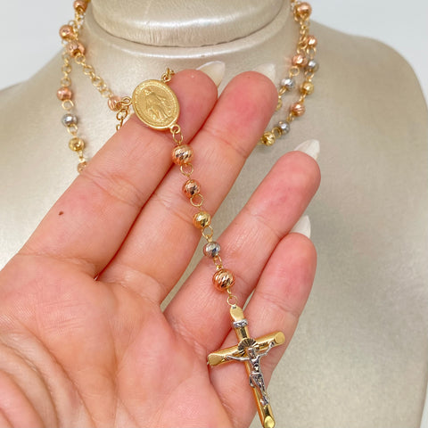 Rosario Virgen Milagrosa / Bolas Diamantadas 6/5mm Tres oros 18k 14,55 Gr / 62 Cm †