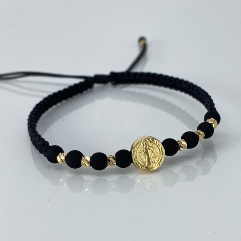 Pulsera tejida Pareja Herraje San Benito / BD 8uni 3mm / Hilo Negro Neoprenos Oro amarillo 1,25 Gr †