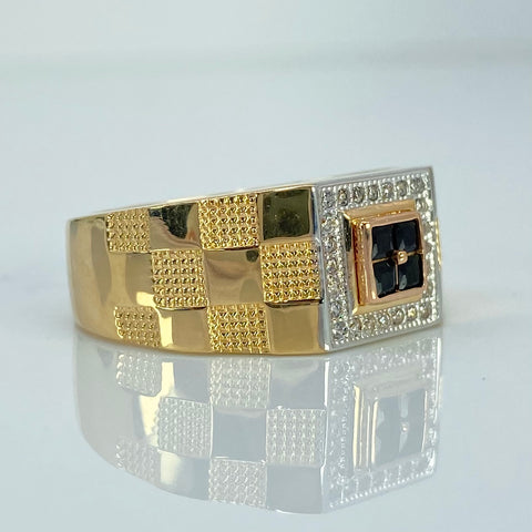 Anillo Cuadro Sello Ajedrez Circones Blancos Y Negros Oro amarillo y Oro blanco 18k / Talla 10 3/4 / 7 Gr