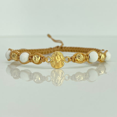 Pulsera tejida Herraje Rostro Cristo / BD 6uni 5mm / Hilo Beige Neoprenos Blancos Oro amarillo 18k 1,27 Gr †