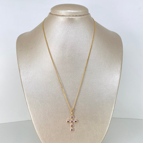 Set Cadena ● Cubana + Dije Cruz Circones Blancos Lilas Oro amarillo 18k 3,7 Gr / 2 mm / 45 Cm †