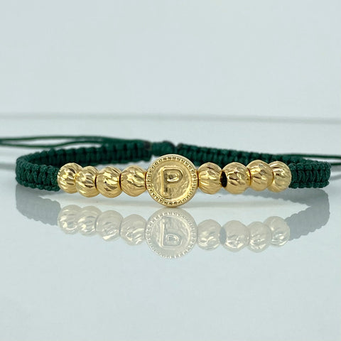 Pulsera tejida Herraje Letra P / BD 8uni mm / Hilo Verde Oro amarillo 18k 1,11 Gr *