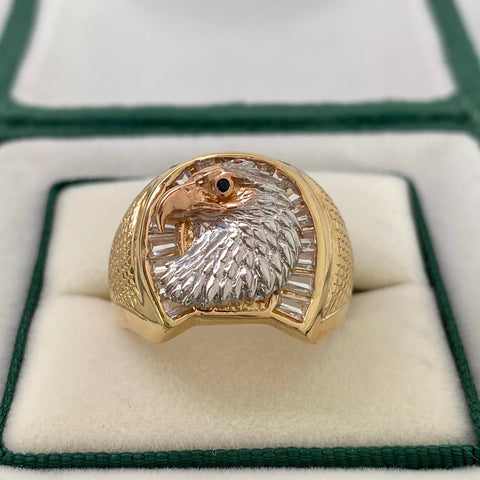 Anillo Aguila Circones Blancos Y Negros Tres oros 18k / Talla 10 3/4 / 7,75 Gr