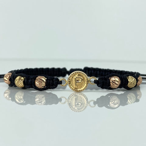 Pulsera tejida Herraje Letra P / BD 6uni 5mm / Hilo Negro Oro amarillo y Oro rosa 18k 0,97 Gr *