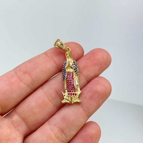 Dije Contorno Virgen Guadalupe Circones Fucsias Azules Y Blancos Oro amarillo 18k 5,0 Gr / 4 Cm  †