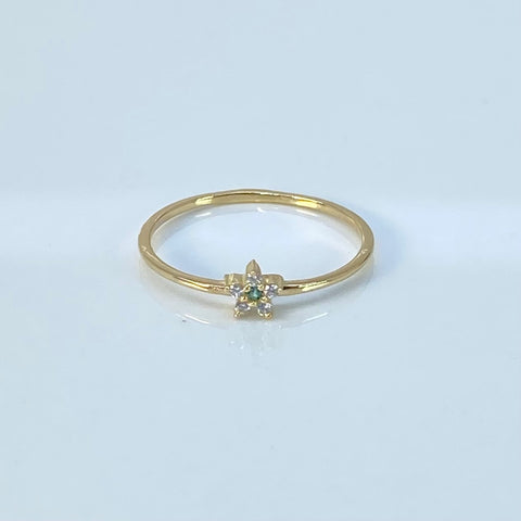Anillo Flor Circones Blancos y Verde Oro amarillo 18k / Talla 6 3/4 / 0,87 Gr
