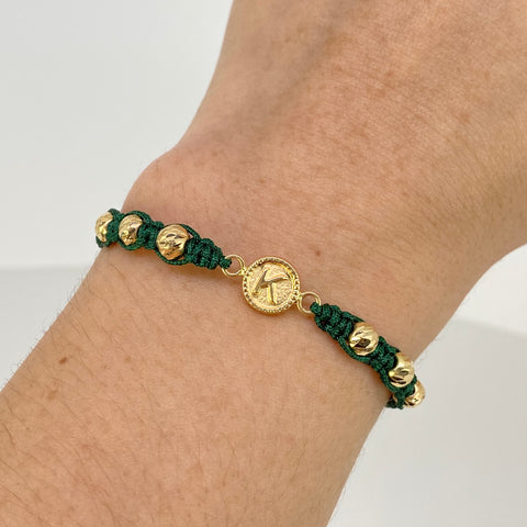 Pulsera tejida Herraje Letra K / BD 8uni 5/3mm / Hilo Verde Oro amarillo 18k 1,24 Gr *