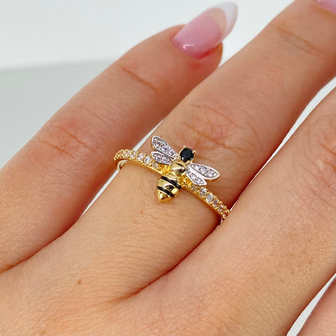 Anillo Abeja Circones Blancos Negro Oro amarillo 18k / Talla 7 3/4 / 2,1 Gr