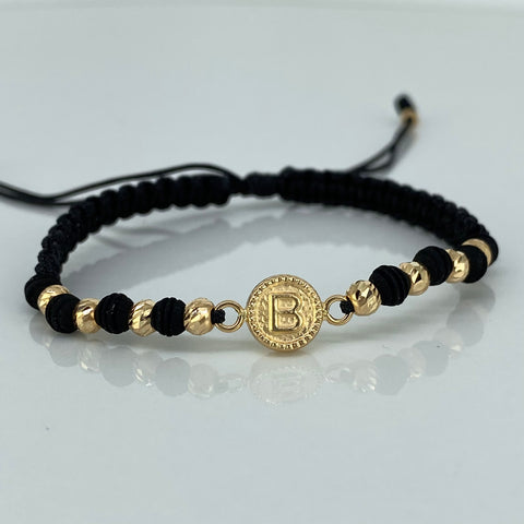Pulsera tejida Herraje Letra B / BD 10uni 3mm / Hilo Negro Neopreno Oro amarillo 18k 1,11 Gr *