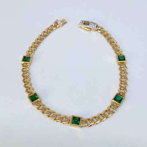 Pulso ● Cubano Monaco Circones Verdes Blancos Oro amarillo 18k +4 / 8,85 Gr / 5,3 mm / 19,5 Cm *