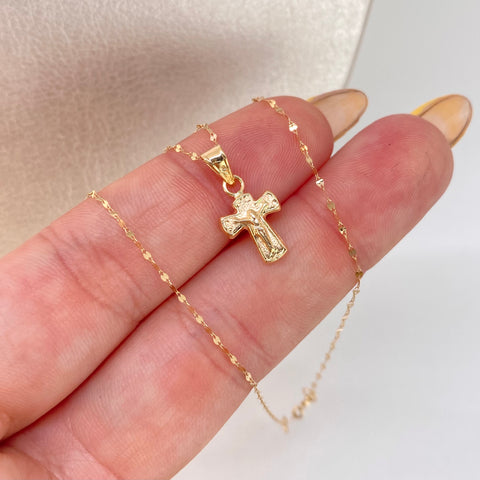 Set Cadena ● Crispeta + Dije Cruz Cristo Oro amarillo 18k 0,65 Gr / 1 mm / 45 Cm *
