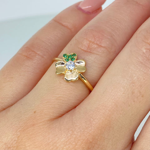 Anillo Trebol Circones Verdes Blancos Oro amarillo / Talla 6 1/4 / 1,55 Gr