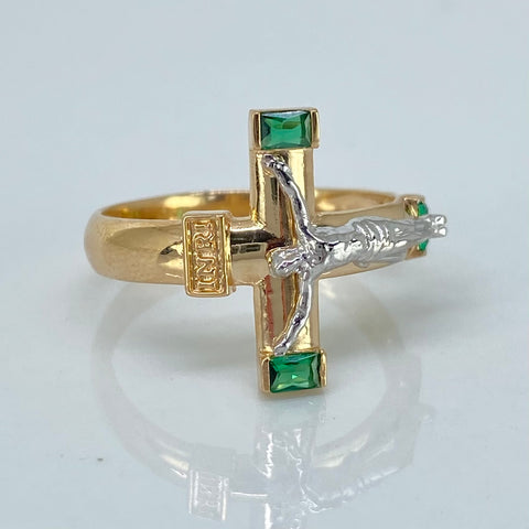 Anillo Cruz Cristo Circones Verdes En Puntas Oro amarillo y Oro blanco 18k / Talla 8 / 3,63 Gr †