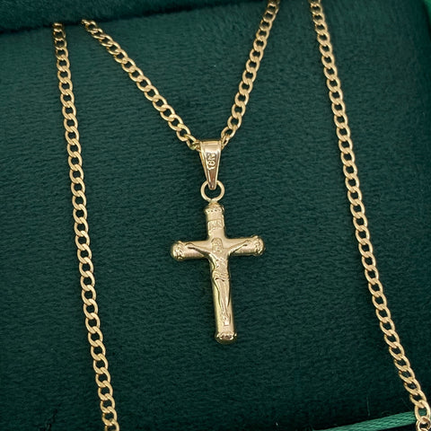 Set Cadena ● Cubana + Dije Cruz Cristo Oro amarillo 18k 2,52 Gr / 2 mm / 50 Cm *