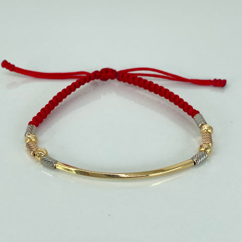 Pulsera tejida Tubo Entorchado BD 4uni 4mm Cilindros 6uni Hilo Rojo Tres oros 18k 1,2 Gr *