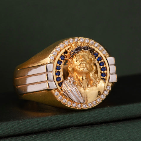 Anillo Rostro Cristo Circones Blancos Y Azules Oro amarillo y Oro blanco 18k / Talla 9 1/2 / 7,67 Gr †