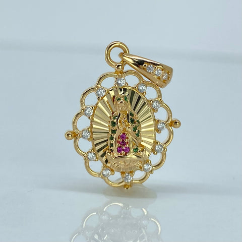 Dije Virgen Guadalupe Circones Blancos Fucsias Verdes Oro amarillo 2,65 Gr / 2,7 Cm