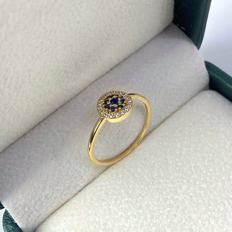 Anillo Circulo Circones Blancos Y Azules Oro amarillo 18k / Talla 7 / 2,0 Gr †