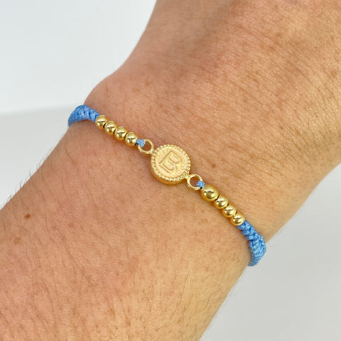 Pulsera tejida Herraje Letra B / BL 8uni 3mm / Hilo Celeste Oro amarillo 18k 0,88 Gr *