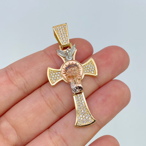 Dije Cruz Rostro Cristo Circones Blancos Tres oros 18k 8,80 Gr / 5 Cm †