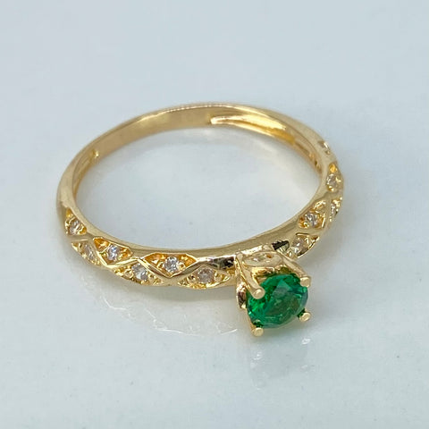 Anillo Solitario Circon Verde Y Blancos Cruzado Oro amarillo 18k / Talla 6 / 1,96 Gr