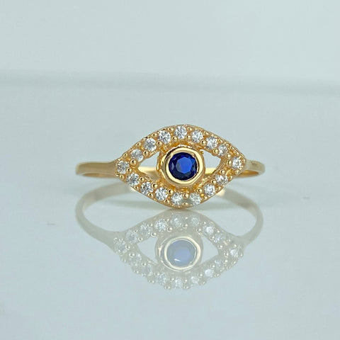 Anillo Ojo Circones Blancos Azul Oro amarillo 18k / Talla 7 / 1,52 Gr