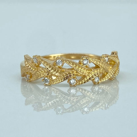Anillo Hojas Circones Blancos Oro amarillo / Talla 7 1/4 / 2,32 Gr *