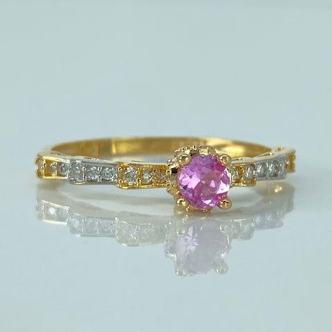 Anillo Solitario Cintas Circones Blancos Rosas Oro amarillo y Oro blanco / Talla 7 1/4 / 2,1 Gr *