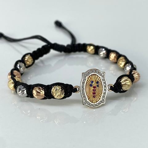 Pulsera tejida Herraje Virgen Guadalupe Circones / BD 14uni 6mm / Hilo Negro Tres oros 18k 3,94 Gr †